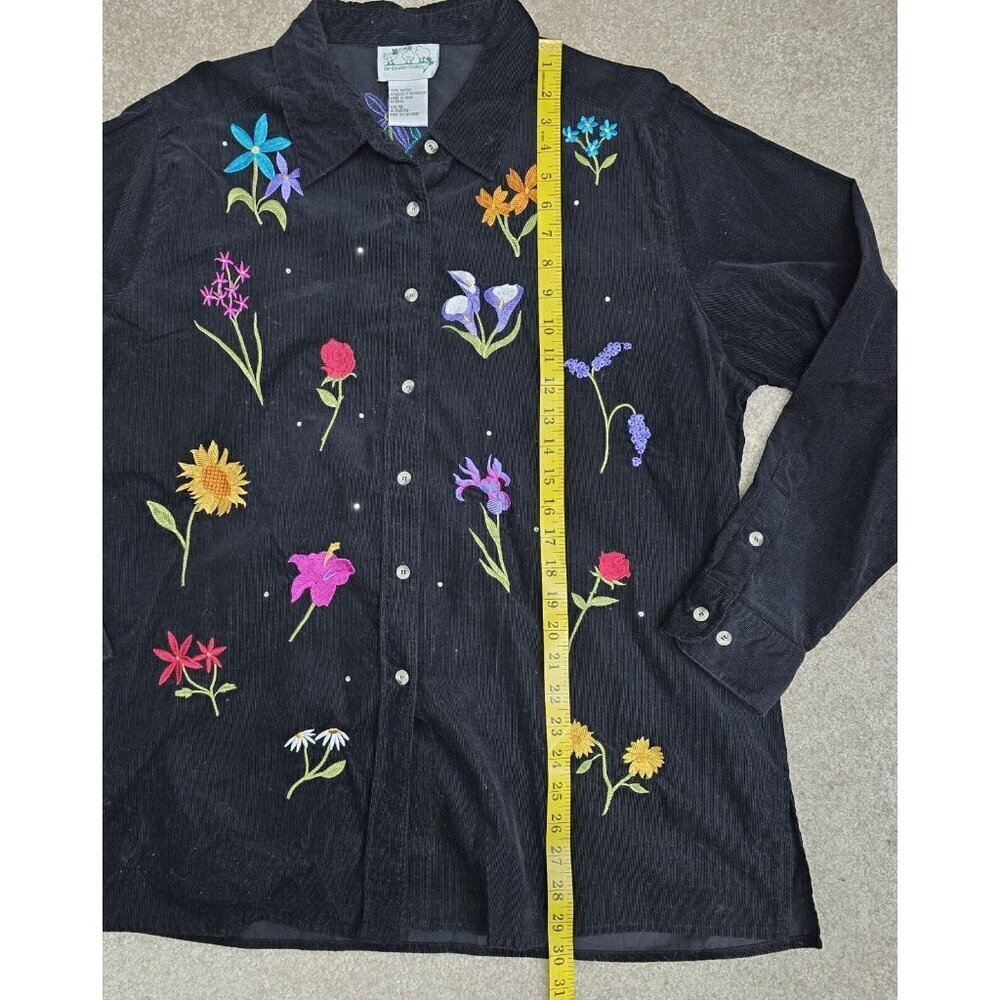 VTG Quacker Factory Black Embroidered Floral Button Up Thin Corduroy Shirt Sz 1X - Picture 5 of 6